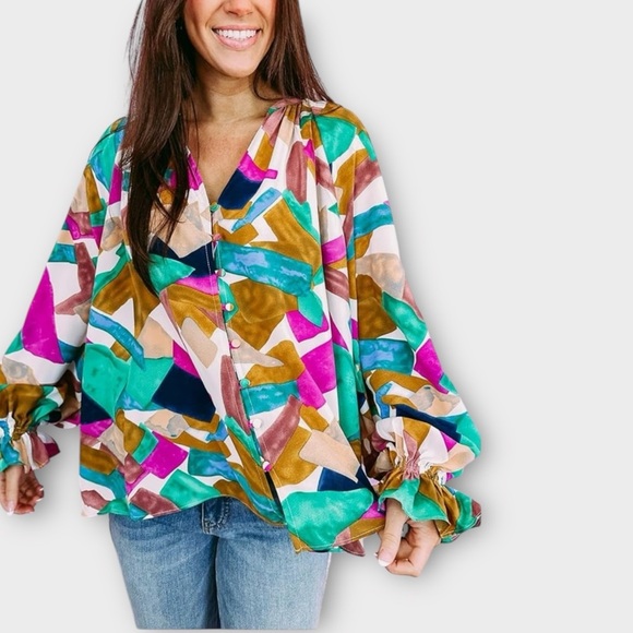 Entro Abstract Pattern Long Sleeve Button Front Loose Fit Ruffle Top Size Large - Picture 5 of 14